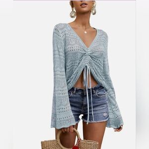 Saodimallsu Light Blue Knit Crochet Light Sweater with Drawstring NWT